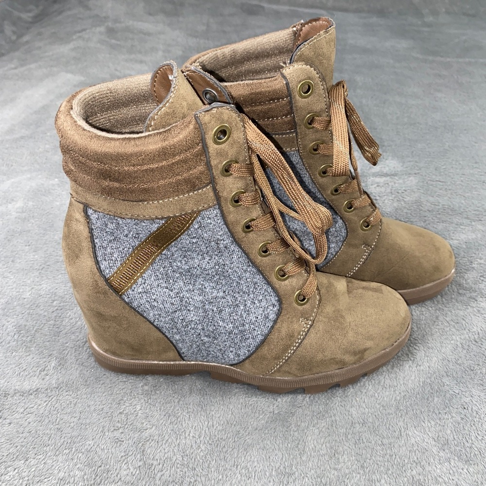 Serra Women's Size 10 Wedge Ankle Boots Taupe Suede Tweed Lace Up